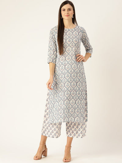 Women Blue Three-Quarter Sleeves Straight Kurta with Palazzo Set