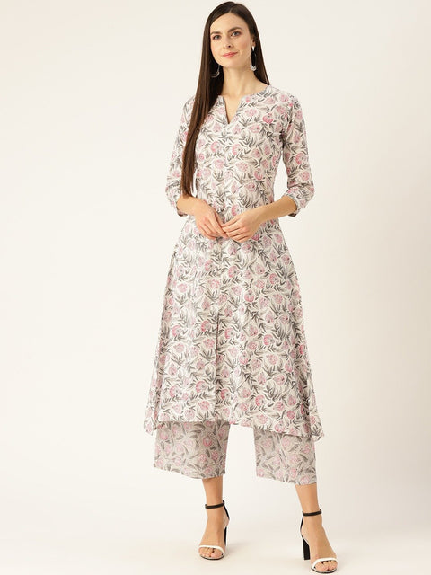 Women Offwhite Three-Quarter Sleeves Straight Kurta with Palazzo Set