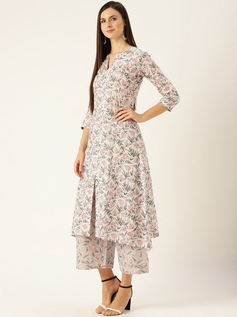 Women Offwhite Three-Quarter Sleeves Straight Kurta with Palazzo Set