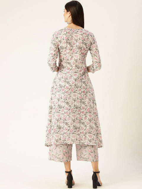 Women Offwhite Three-Quarter Sleeves Straight Kurta with Palazzo Set