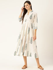 Women White Floral Printed Mandarin Collar Cotton Maxi Dress