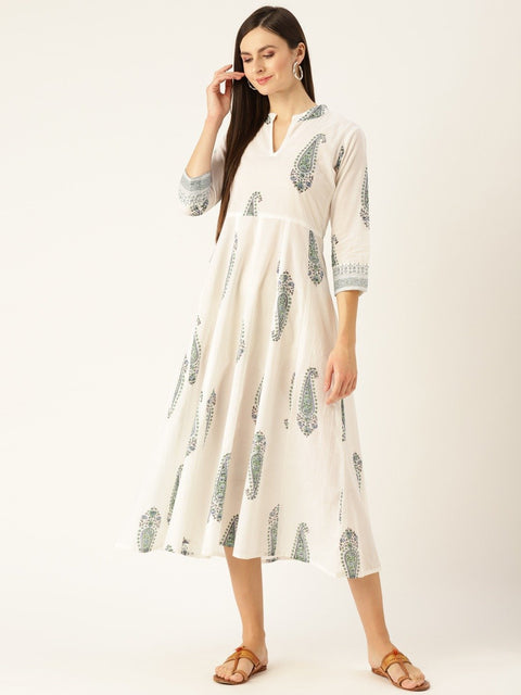 Women White Floral Printed Mandarin Collar Cotton Maxi Dress