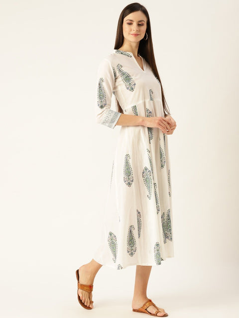 Women White Floral Printed Mandarin Collar Cotton Maxi Dress
