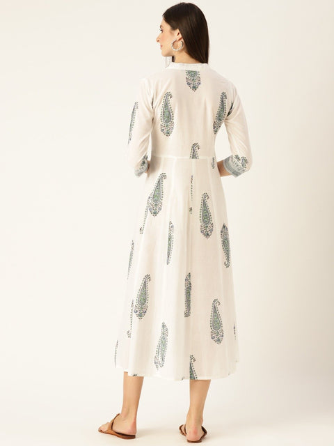 Women White Floral Printed Mandarin Collar Cotton Maxi Dress