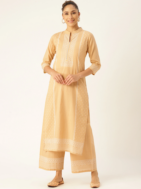 Women Beige & White Printed Kurta with Palazzos