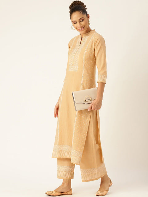 Women Beige & White Printed Kurta with Palazzos