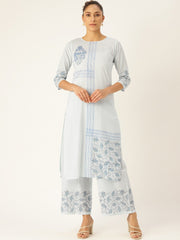 Women Blue Three-Quarter Sleeves Straight Kurta with Palazzo Set