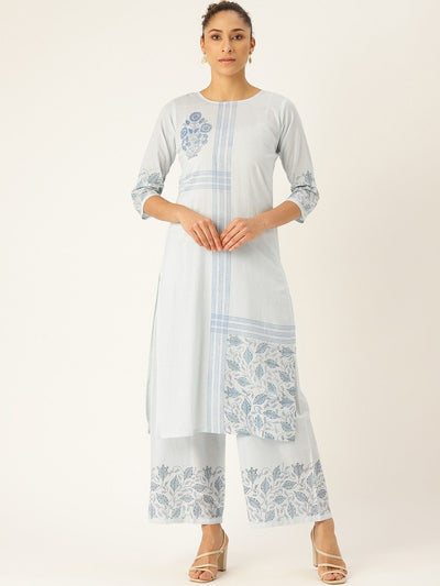 Women Blue Three-Quarter Sleeves Straight Kurta with Palazzo Set