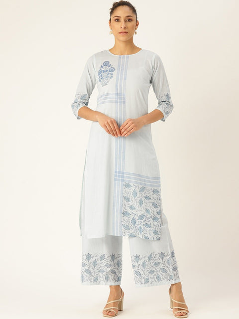 Women Blue Three-Quarter Sleeves Straight Kurta with Palazzo Set