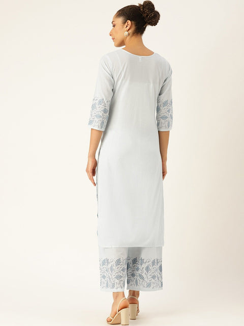 Women Blue Three-Quarter Sleeves Straight Kurta with Palazzo Set