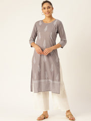 Women Grey Three-Quarter Sleeves Straight Kurta with Palazzo Set