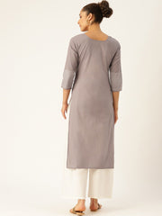 Women Grey Three-Quarter Sleeves Straight Kurta with Palazzo Set
