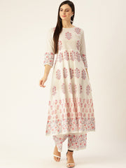 Women White Three-Quarter Sleeves Flared Kurta with Palazzo Set