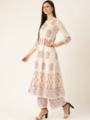 Women White Three-Quarter Sleeves Flared Kurta with Palazzo Set
