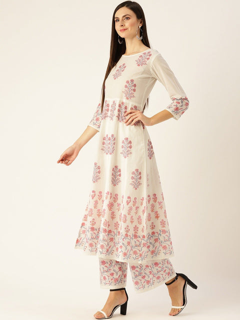 Women White Three-Quarter Sleeves Flared Kurta with Palazzo Set