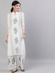 Women White Three-Quarter Sleeves Straight Kurta with Palazzo Set