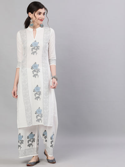 Women White Three-Quarter Sleeves Straight Kurta with Palazzo Set