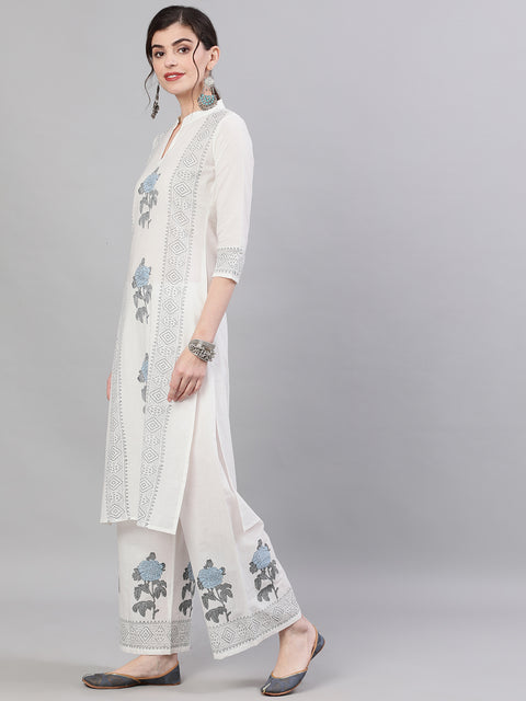 Women White Three-Quarter Sleeves Straight Kurta with Palazzo Set