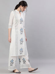 Women White Three-Quarter Sleeves Straight Kurta with Palazzo Set