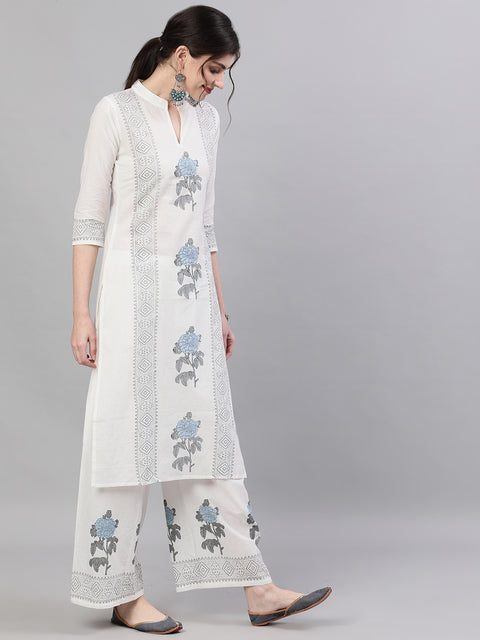 Women White Three-Quarter Sleeves Straight Kurta with Palazzo Set