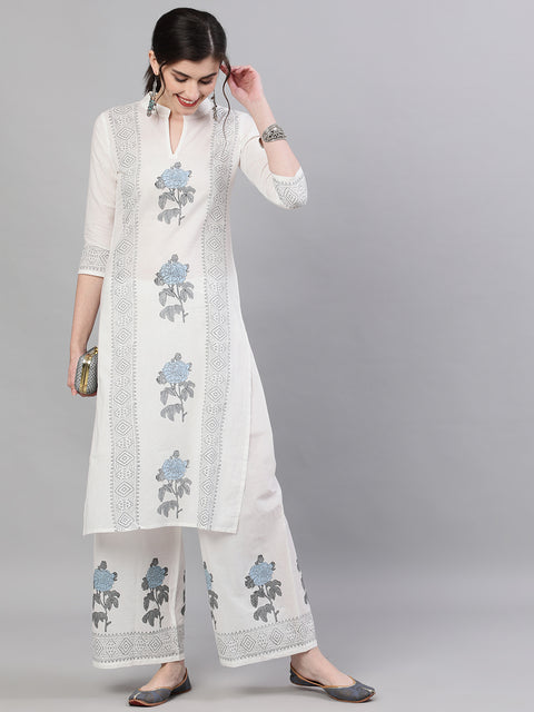Women White Three-Quarter Sleeves Straight Kurta with Palazzo Set