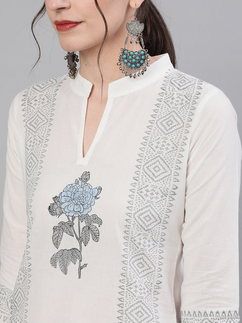 Women White Three-Quarter Sleeves Straight Kurta with Palazzo Set