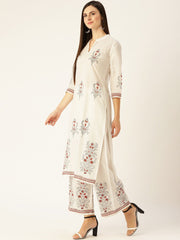 Women White Three-Quarter Sleeves Straight Kurta with Palazzo Set