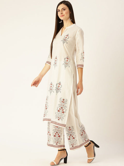 Women White Three-Quarter Sleeves Straight Kurta with Palazzo Set
