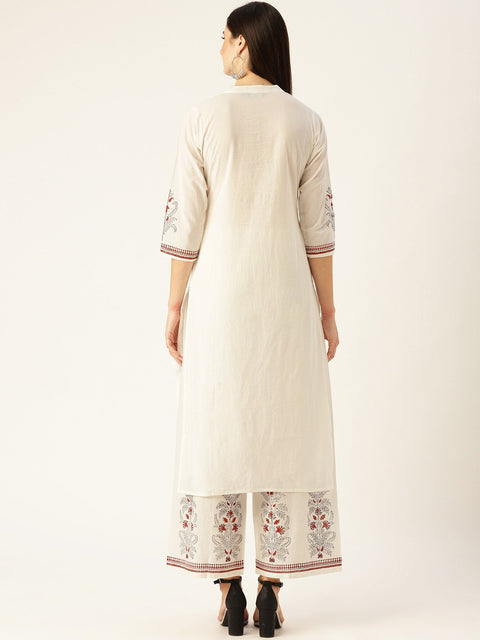 Women White Three-Quarter Sleeves Straight Kurta with Palazzo Set