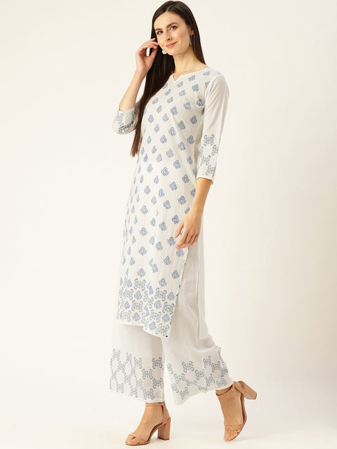 Women White Three-Quarter Sleeves Straight Kurta with Palazzo Set