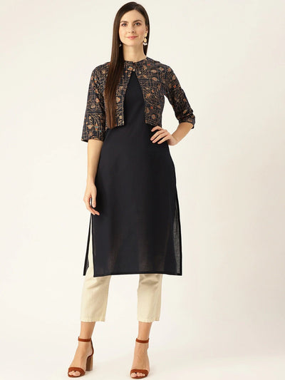Women Navy Calf Length Three-Quarter Sleeves Straight Solid Printed Cotton Kurta