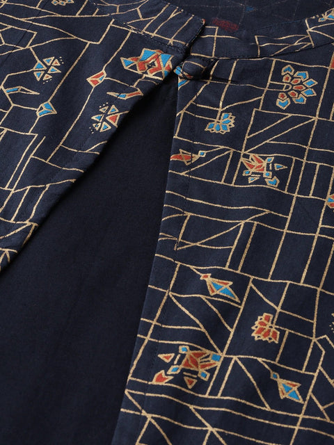 Women Navy Calf Length Three-Quarter Sleeves Straight Solid Printed Cotton Kurta