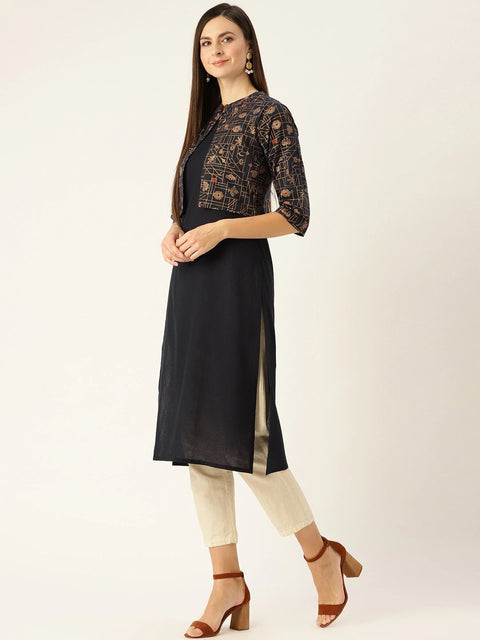 Women Navy Calf Length Three-Quarter Sleeves Straight Solid Printed Cotton Kurta