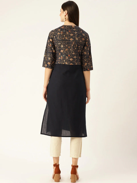 Women Navy Calf Length Three-Quarter Sleeves Straight Solid Printed Cotton Kurta
