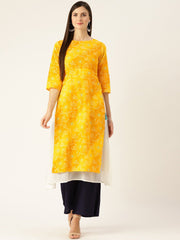 Women Yellow Calf Length Three-Quarter Sleeves A-Line Bandhani Printed Cotton Kurta