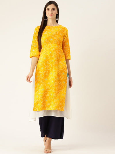 Women Yellow Calf Length Three-Quarter Sleeves A-Line Bandhani Printed Cotton Kurta
