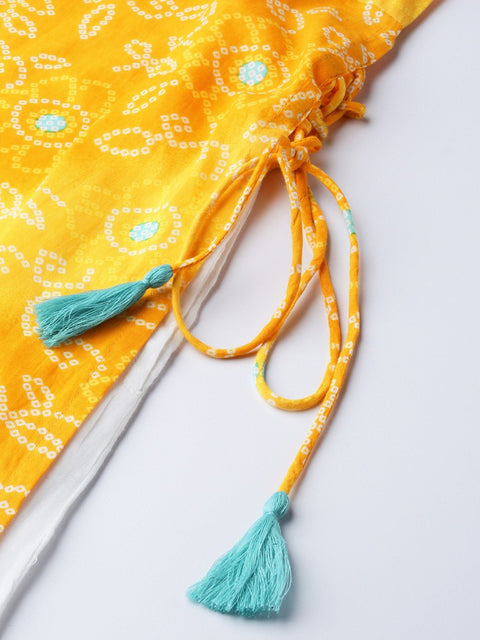 Women Yellow Calf Length Three-Quarter Sleeves A-Line Bandhani Printed Cotton Kurta