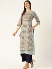 Women Metallic Blue Calf Length Three-Quarter Sleeves A-Line Ethnic Motifs Printed Cotton Kurta
