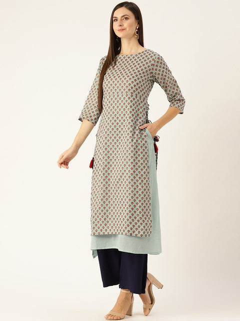 Women Metallic Blue Calf Length Three-Quarter Sleeves A-Line Ethnic Motifs Printed Cotton Kurta