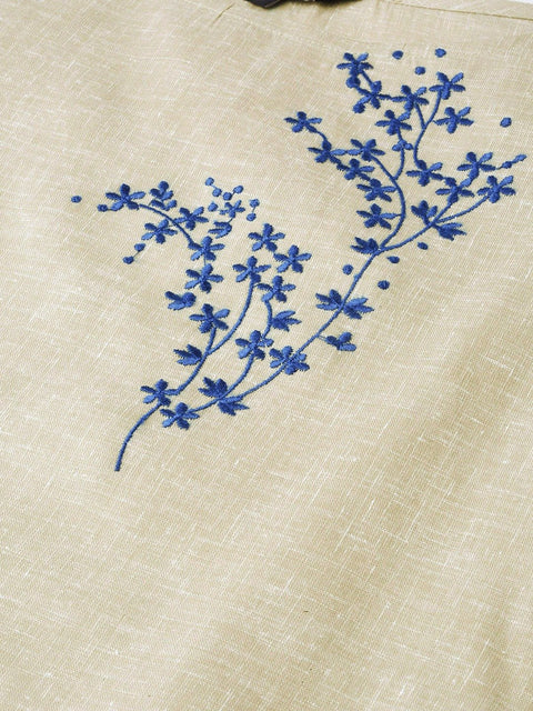 Women Grey Calf Length Three-Quarter Sleeves Straight Woven Design Embroidered Cotton Kurta