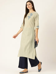 Women Grey Calf Length Three-Quarter Sleeves Straight Woven Design Embroidered Cotton Kurta