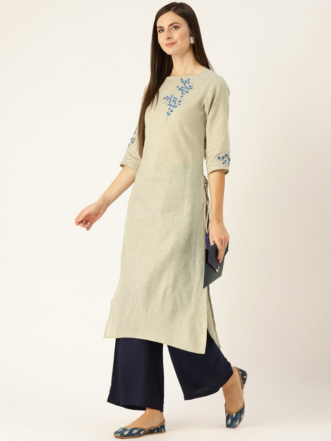 Women Grey Calf Length Three-Quarter Sleeves Straight Woven Design Embroidered Cotton Kurta