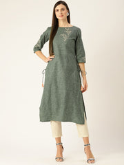 Women Dark Grey Calf Length Three-Quarter Sleeves Straight Woven Design Embroidered Cotton Kurta