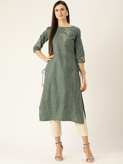 Women Dark Grey Calf Length Three-Quarter Sleeves Straight Woven Design Embroidered Cotton Kurta