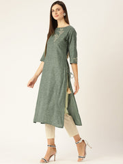 Women Dark Grey Calf Length Three-Quarter Sleeves Straight Woven Design Embroidered Cotton Kurta