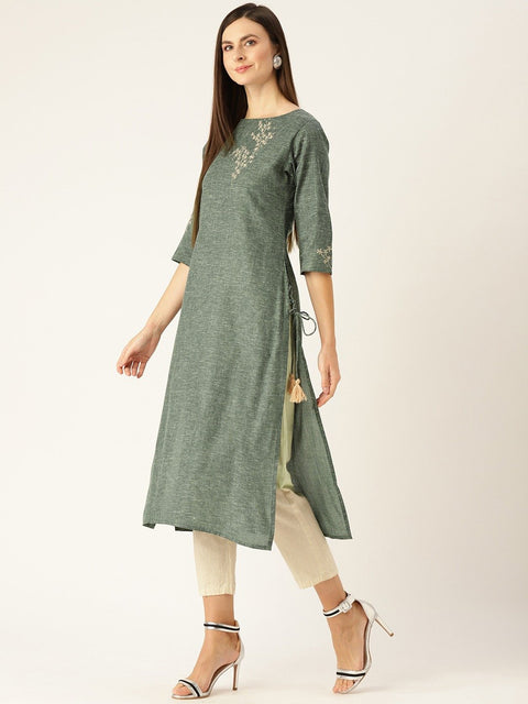 Women Dark Grey Calf Length Three-Quarter Sleeves Straight Woven Design Embroidered Cotton Kurta