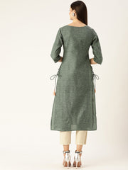 Women Dark Grey Calf Length Three-Quarter Sleeves Straight Woven Design Embroidered Cotton Kurta