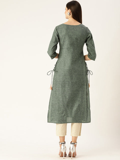 Women Dark Grey Calf Length Three-Quarter Sleeves Straight Woven Design Embroidered Cotton Kurta