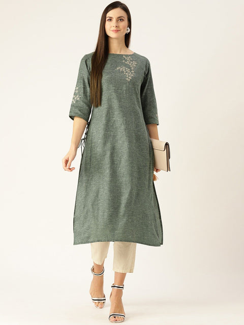 Women Dark Grey Calf Length Three-Quarter Sleeves Straight Woven Design Embroidered Cotton Kurta