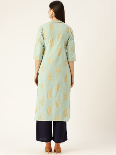 Women Blue Calf Length Three-Quarter Sleeves A-Line Ethnic Motifs Yoke Design Cotton Kurta